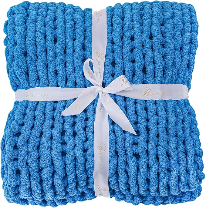 Bigacogo Chunky Knit Throw Blanket for Couch, 51x63 inches, Bright Blue | Hand Knit with Jumbo Chenille, Soft Breathable Cable Knit for Sofa Bed Living Room, Machine Washable, Gift for Mom Friend