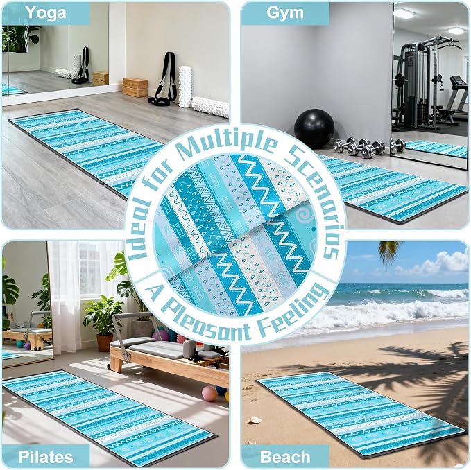 Yoga Towel,Absorbent Yoga Mat Towel for Hot Yoga Non Slip,Stylish Prints,Ideal for Workouts,Hot Yoga,Bikram,Pilates Equipment,72 x 27 in,Light Blue Triangle Geometry