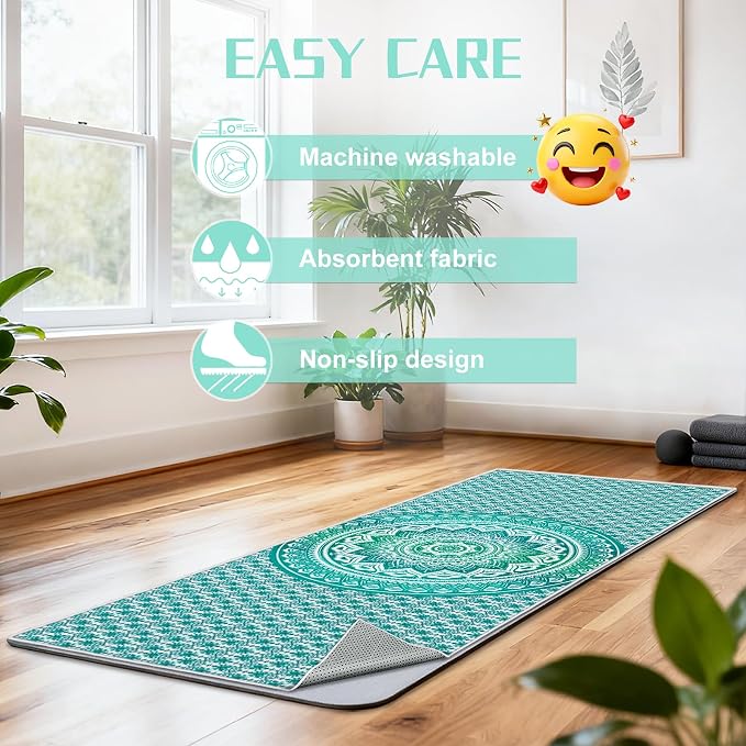 Yoga Towel,Absorbent Yoga Mat Towel for Hot Yoga Non Slip,Stylish Prints,Ideal for Workouts,Hot Yoga,Bikram,Pilates Equipment,72 x 27 in,Green Mandala