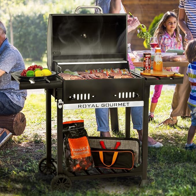 Royal Gourmet CD1824ET Movable Charcoal BBQ Grill with Foldable Side Tables | 24-Inch Outdoor Barbecue Grill with 461 Sq. In., Temperature-Controlled, for Outdoor Picnic and Camping Grilling, Black