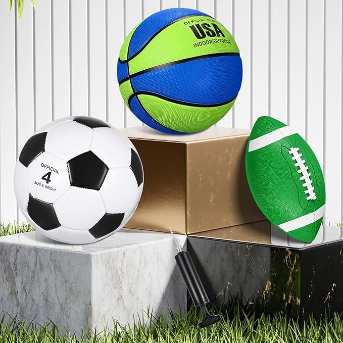 Libima 3 Pcs Sports Ball Set for Kids Teens Include Official Size 5 Basketball 4 Soccer 6 Football with Pump and Carry Bag Training Practice Sport Gift for Kids Teens Back to School