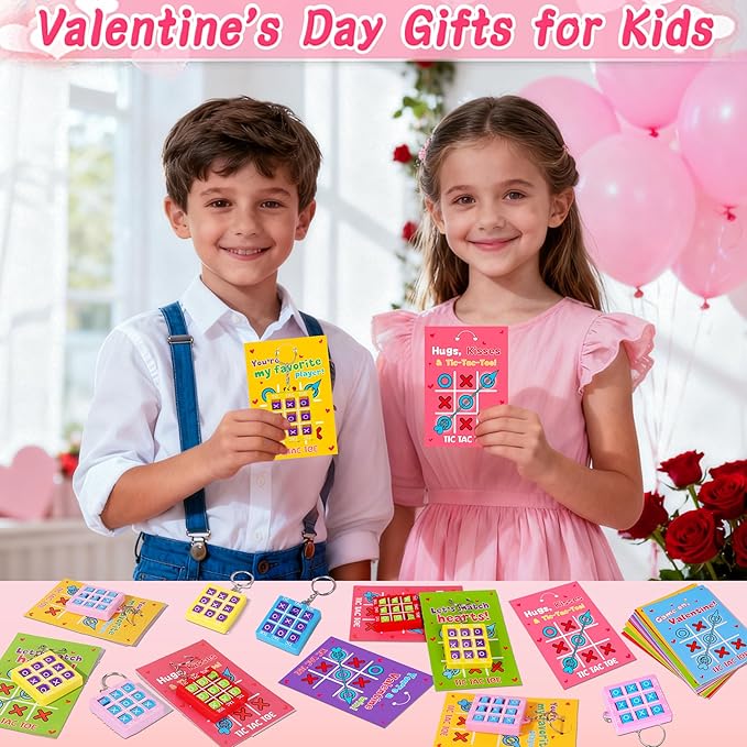 24 Pack Valentines Day Gifts for Kids Classroom Valentines Day Cards with Tic-Tac-Toe Game Keychains Valentines for Kids School Class Exchange Cards Valentines Party Favors Boys Girls Toddlers