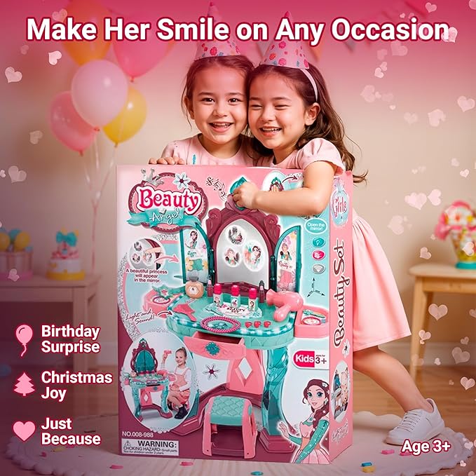 OLEOCA Toddler Vanity Table for Girls — Princess Makeup Playset with Light & Sound Mirror, Magic Sensor, Stool & Accessories, Pretend Beauty Toy for Ages 3+