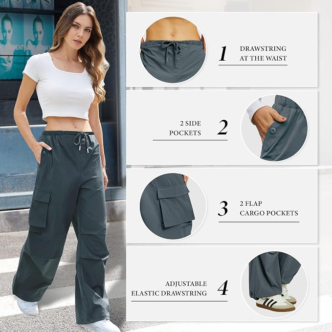 COPYLEAF Cargo Pants Women Low Waisted Parachute Pants with Pockets Loose Baggy Hiking Pants Y2K Clothes