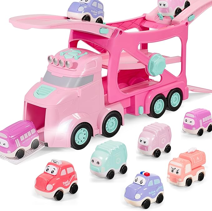 Vroomix Extra Large Toy Trucks for Toddlers, 3-Layer Princess Pink Trucks for Girls, 7-in-1 Big Carrier Truck with Siren & Lights and 6 Toy Cars, Christmas Birthday Gifts for Girls