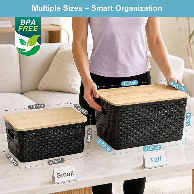 Small Plastic Storage Bins with Bamboo Lids 5.2qt Stackable Box Basket Pantry Decorative Containers Cute with Lable for Organizing Desktop Closet Office Black of 6 packs 10 * 7.2 * 4.1"