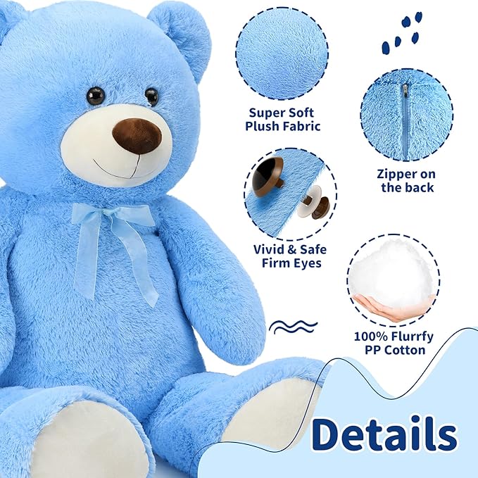 MorisMos Giant Teddy Bear Stuffed Animal 4 Feet,51'' Big Teddy Bear for Girlfriend Boyfriend Wife Mother Fiancée Valentine's Gift, Large Stuffed Bear Plush for Kid Christmas Birthday Baby Shower,Blue