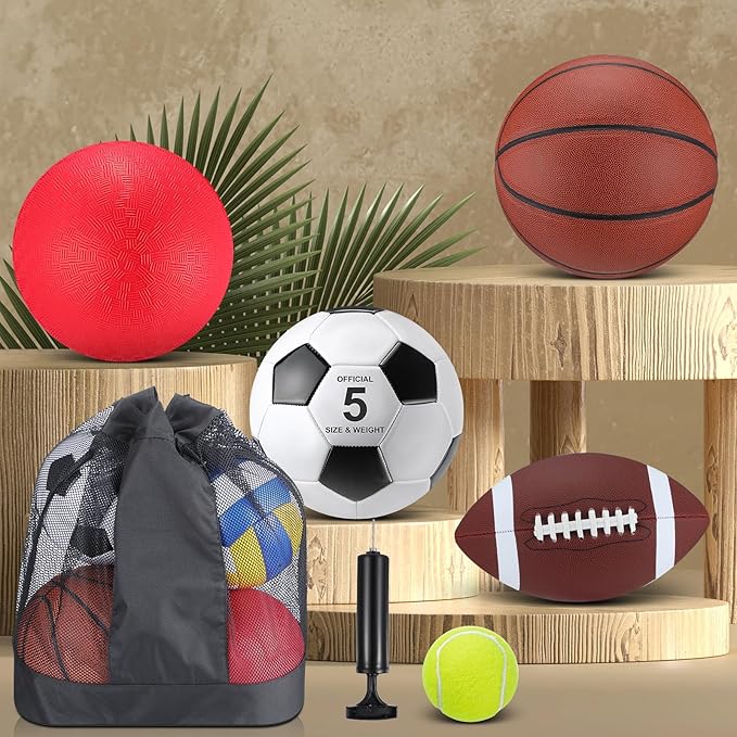 Soulchen 5 Pcs Multi Sport Ball Set for Teen Adult Official Size Soccer, Basketball, Football, Playground Ball, Tennis with Sport Equipment Bag Pump for Teen Adult Gift Back to School