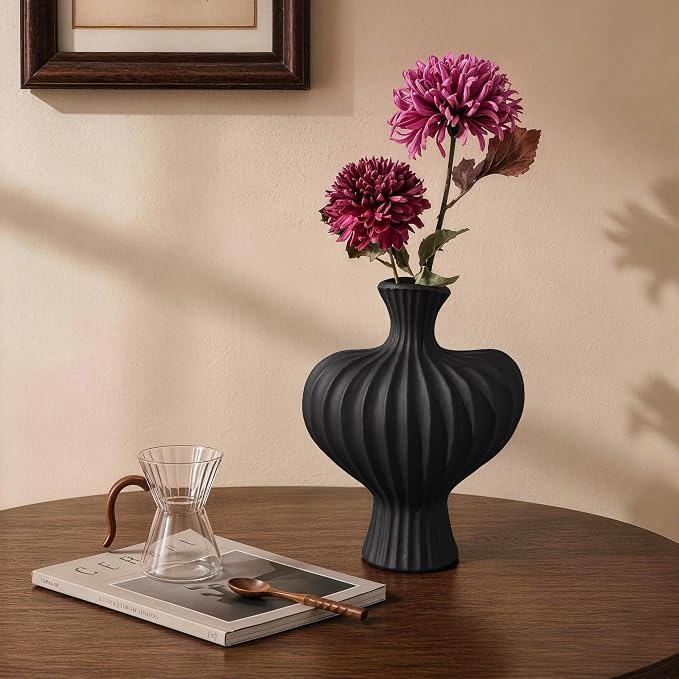 Ceramic Flower Vase Home Decor, 11 in Farmhouse Table Vases Rustic Vintage Living Room Kitchen Bedroom Decorations Pottery Decorative Vases for Flowers House Shelf Coffee Desk Dining Fireplace, Black