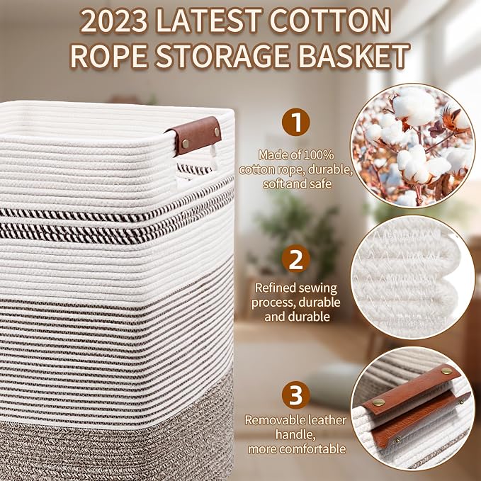 Laundry Hamper, 85L Cotton Rope Laundry Basket, Rice Brown & White | Foldable nursery hamper with leather handles; store blankets, toys, baby clothes and laundry in bedroom or living room