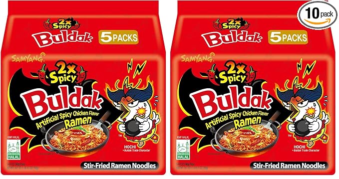 Samyang Buldak Hot Chicken Ramen, Korean Stir-Fried Instant Noodle, 2X Spicy, 4.94 OZ(140g), (Pack of 10)