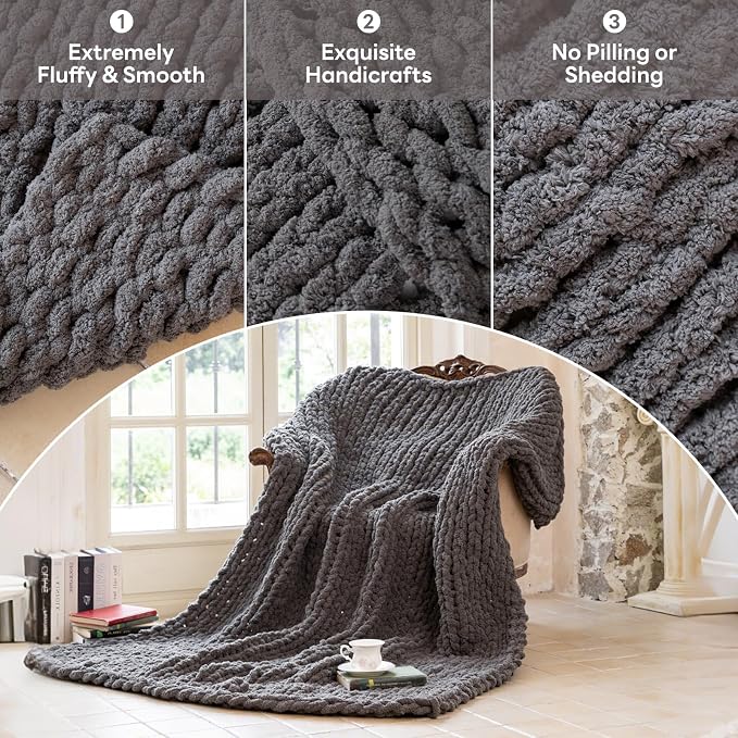 Chunky Knit Blanket - Luxury Soft Cozy 50 * 60 Throw Blanket,100% Woven Blanket Rope Knot Throw Blanket for Couch, Sofa, Home Decor, Gift - Machine Washable (Black Gray, 50 * 60)