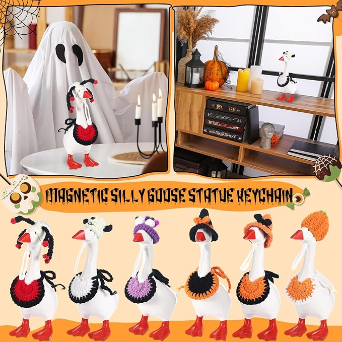 Geyoga 6 Pcs Mini Desk Goose Outfits 7 Inch Mini Knitting Hat and Bandana Knitting Desk Goose Headwear Bibs Accessory for Magnetic Statue Table Decor Gifts (Spooky Style)