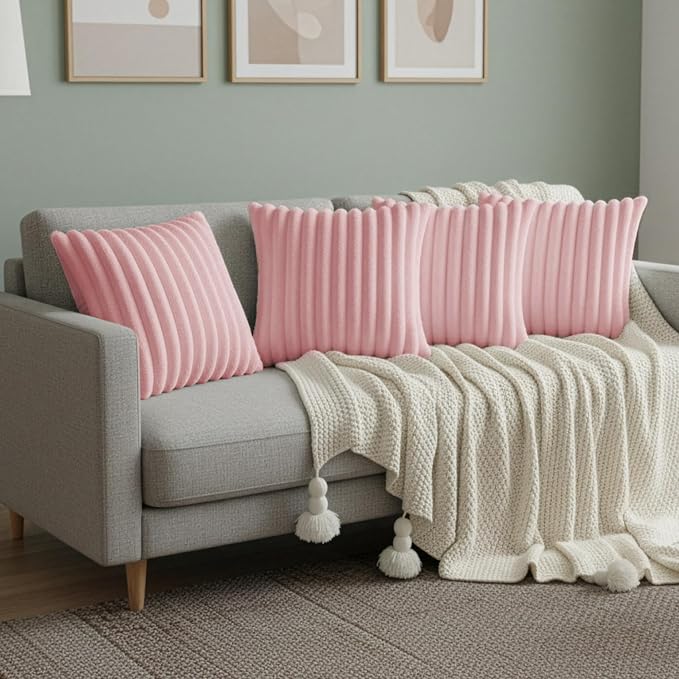Pink Throw Pillow Covers 16 x 16 Set of 4, Cute Boho Throw Pillow Cover for Couch/Bed, Decorative Pillows Covers for Sofa/Bed, Accent Pillow Covers for Living Room, Rustic/Home/Room Decor