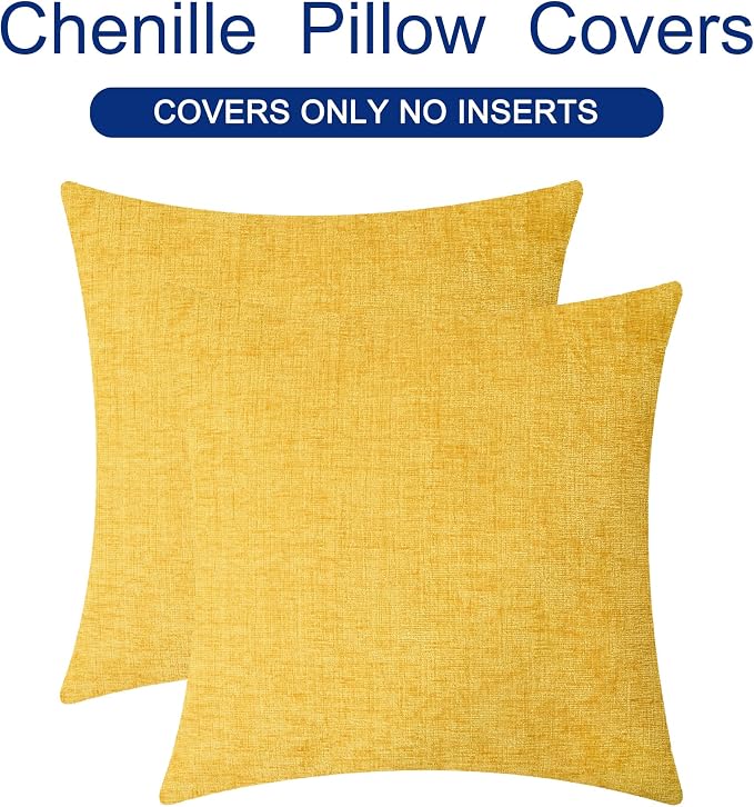 CaliTime Decorative Throw Pillow Covers 20 X 20 Inches Mustard Yellow | Pack of 2, Cozy Chenille Cushion Cases for Sofa Bed Living Room Farmhouse Home