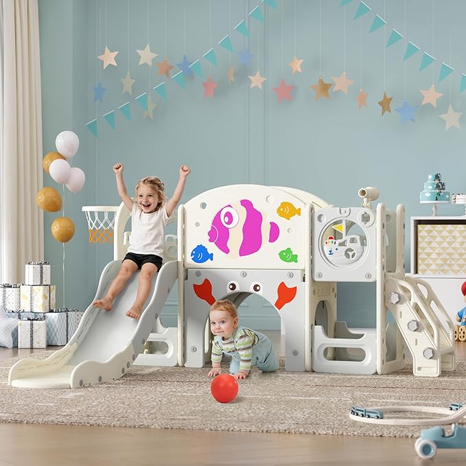 NYEEKOY 8-in-1 Toddler Slide, Toddler Playground, Suitable for Indoor Slides for Toddlers 1-3, with Climber, Basketball Hoop, and Tunnel, Rose Pink Fish
