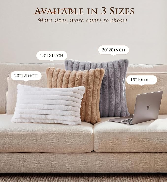 Pack of 2 Throw Pillow Covers 20x20 Decorative Solid Plush Faux Fur with Soft Velvet Back, Square Striped Cushion Cases Modern Farmhouse Home Decor for Living Room Couch Sofa Bed Cream White