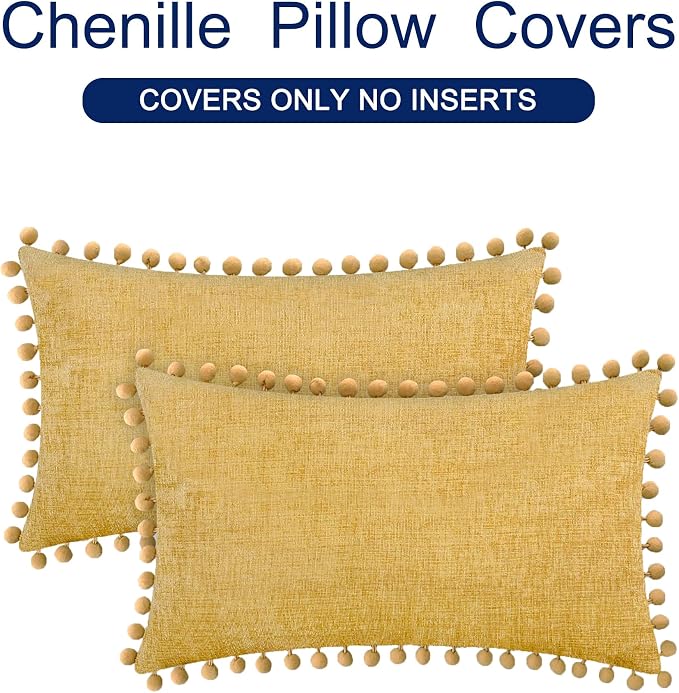 CaliTime Decorative Couch Throw Pillow Covers 20 X 12 Inches Gold | Pack of 2, Cozy Chenille Cushion Cases, with Pom Poms for Sofa Bed Living Room Farmhouse Home