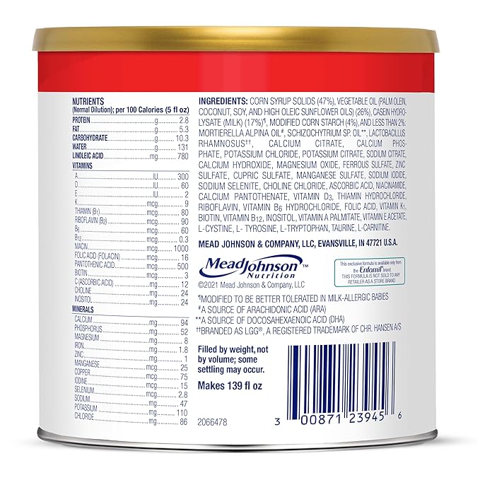 Enfamil Nutramigen Hypoallergenic Baby Formula with Iron, Lactose Free, Colic Relief from Cow's Milk Allergy Starts in 24 Hours, Brain Building DHA, Probiotic LGG for Immune Support, 19.8 Oz, 4 Count