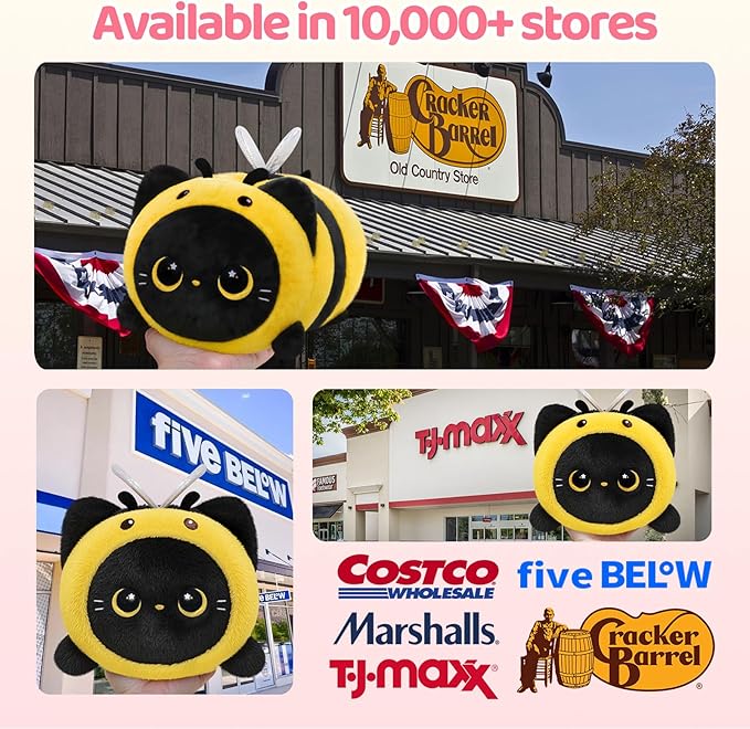 Mewaii Cute Black Cat Bee Plush Pillow, Kawaii Plushies Bee Stuffed Animal Toy, Kitten Plushies with Honeybee Outfit Costume, Soft Squishy Birthday Gifts for Kids & Girls (16 Inch)