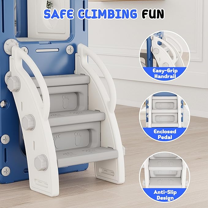 GITAWUSA 8 in 1 Toddler Slide, Outdoor Indoor Playset for Kids Baby Age 1 2 3, Childs Climber Slide with Storage Space and Non-Slip Steps, Basketball Hoopa and Telescope, Blue & White