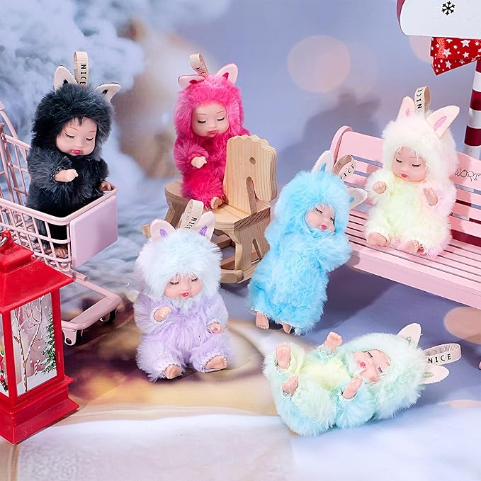 Adorable 6 Pack Plush Sleeping Doll Set with Hanging String, 4-Inch Colorful Collection