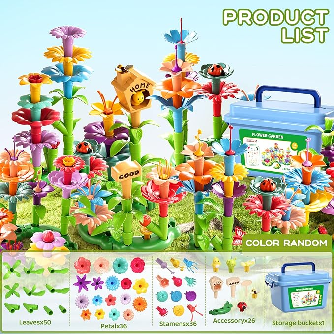 148 Pcs 3 Year Old Girl Gifts,Flower Garden Building Toy Set Toddlers Toys Gifts Best Educational Learning Fine DIY Crafts Stem Construction Stacking Kit,for 3 4 5 6 7 Year Kids Birthday