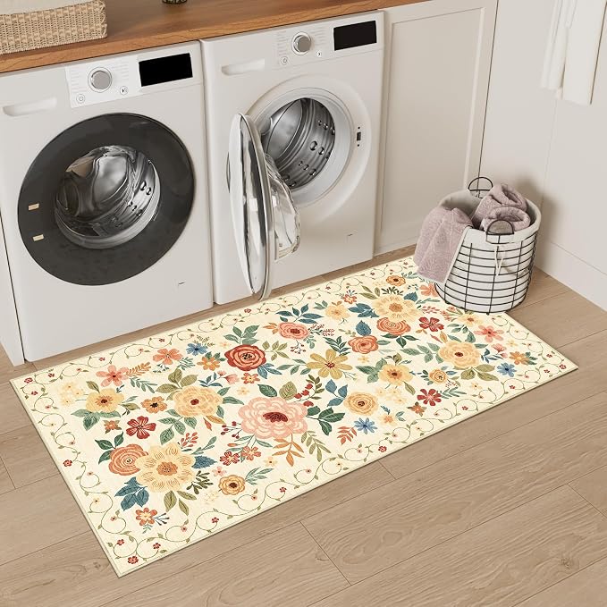 DUKINO 2x4 Entryway Rug, Floral Washable Kitchen Rugs Non Slip Beige Yellow | Low Pile, Soft Indoor Runner Rug for Hallway, Bedroom, Bathroom, Laundry, Pet Friendly, Modern Home Decor, Stain Resistant