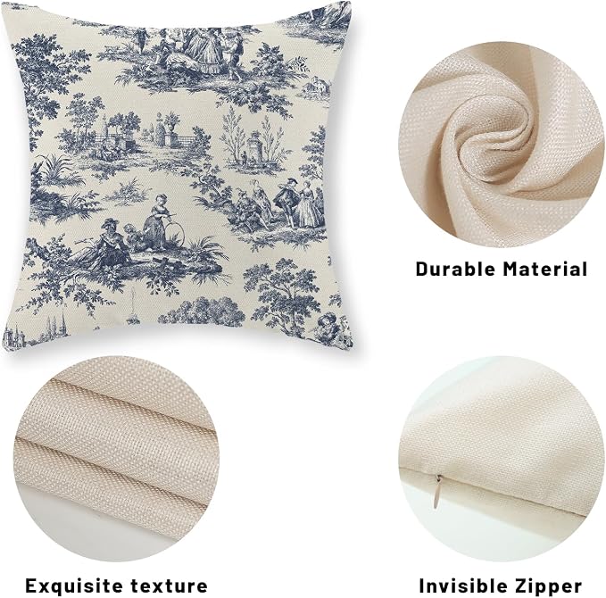 French Country Pillow Covers 20x20 Set of 2 Vintage Toile Blue Throw Pillows French Country Decor Outdoor Pillowcase Rustic Cottage Linen Decorative Farmhouse Cushion Case for Couch Bed Sofa
