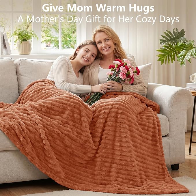 Burnt Orange Twin Blanket for Bed & Couch, 60 x 80 Inch | 300GSM Ribbed Fleece Blanket, Soft, Cozy & Lightweight, OEKO-TEX Certified, All-Season Use for Travel, Dorm & Home Decor