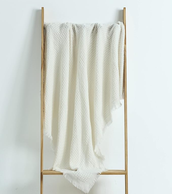 CREVENT Farmhouse Boho Knitted Throw Blanket for Couch Sofa Chair Bed Home Decoration, Soft Warm Cozy Light Weight for Spring Summer Fall (50''X60'' Off White/Ivory/Cream)