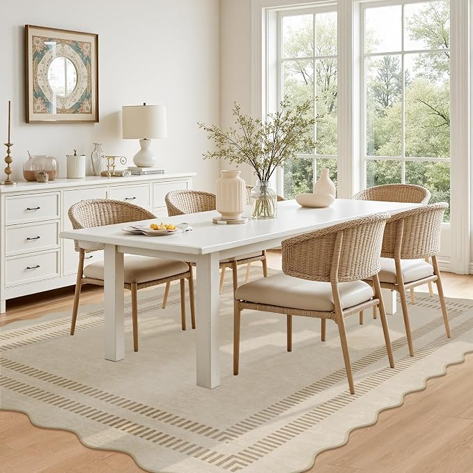 Washable Rug 5x7 Area Rugs for Living Room, Solid Khaki Rug Non Slip Scalloped Throw Mat with Rubber Back, Soft Low Pile Carpet for Dining Room Bedroom Dorm Nursery