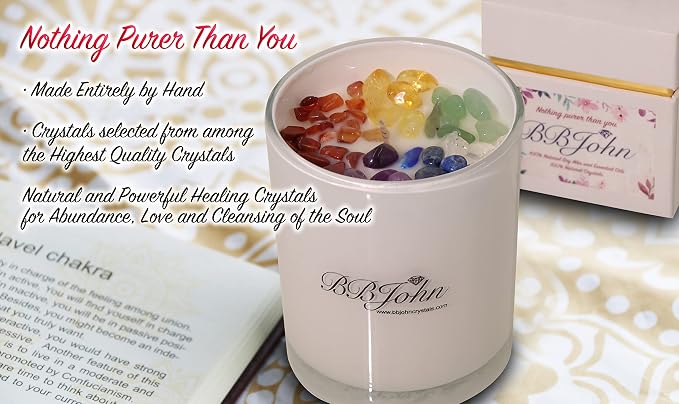 Chakra Crystal Candle - Manifestation Intention - Healing Crystals Gemstones - Seven Chakras Stones - Meditation - Spiritual Aromatherapy - Stress Relief, Relaxing & Balance - Natural Soy Wax