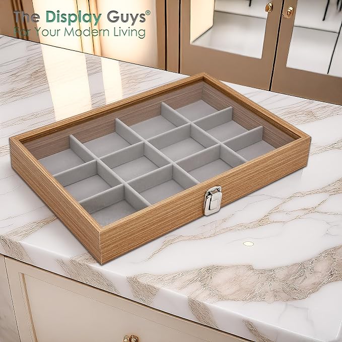 Wooden Travel Jewelry Box w. Tempered Glass Display Lid - Earrings Storage - 12-Compartments Velvet Organizer (Natural Oak) by The Display Guys