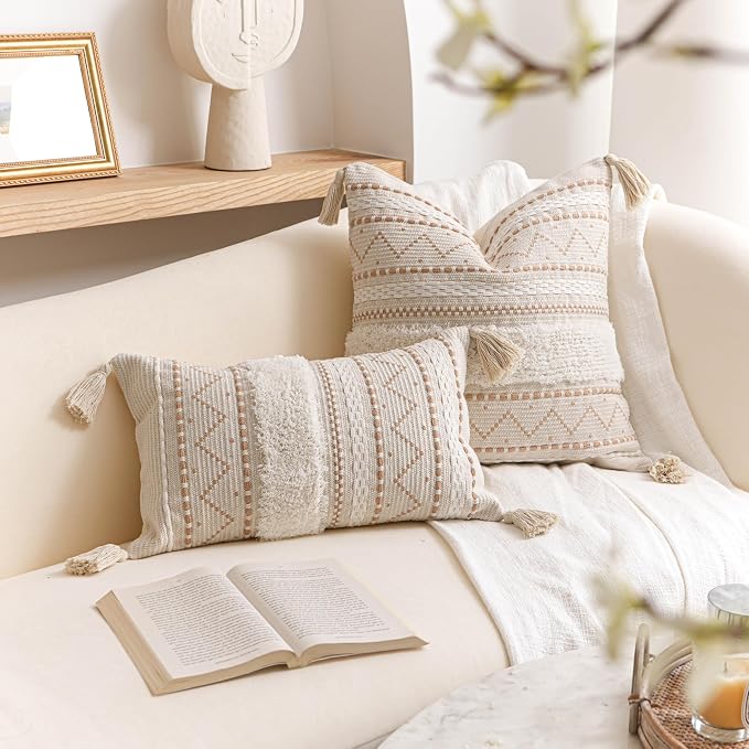 20X20 Throw Pillow Cover, Cream Neutral Beige Square Decorative Cushion Cover, Boho Accent Pillowcase with Tufted Details and Tassels for Couch Sofa Living Room (Cover Only)