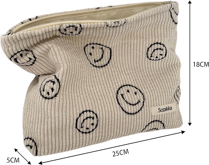 Cosmetic Bags for Women - Corduroy Cosmetic Bag Aesthetic Women Handbags Purses Smile Dots Makeup Organizer Storage Makeup Bag Girls Case Bags (A-Brown)