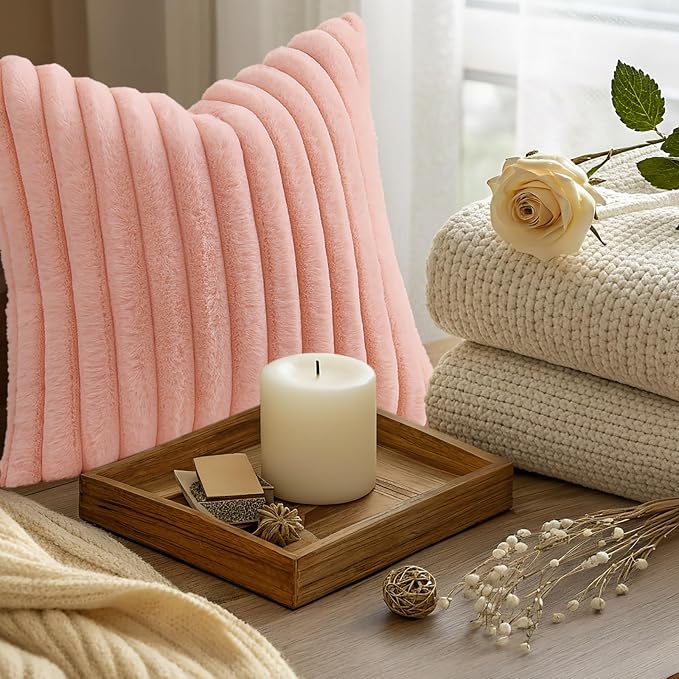 decorUhome Fall Faux Fur Throw Pillow Covers 24x24 Set of 2 Blush Pink | Decorative Soft Cozy Striped Plush Modern Farmhouse Boho Couch Pillow Cases Velvet Back for Sofa Bed Living Room Home Decor