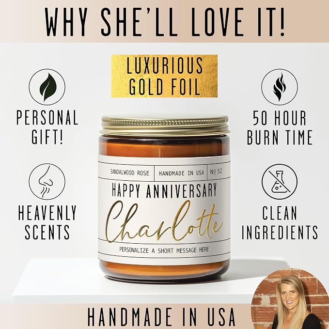 PERSONALIZED Anniversary Gifts for Girlfriend or Wife - 'Happy Anniversary' Candle, w/Sandalwood Rose I Perfect Year Anniversary Gift for Her I 50Hr Burn, USA Made