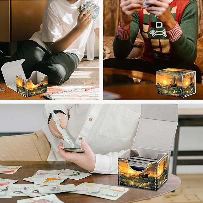 DEGDFSGR Card Game Storage Box for TCG MTG Commander Deck Box Organizer Trading Card Case Magnetic Closure Creative Pattern Up to 200 Cards, The Ocean At Sunset