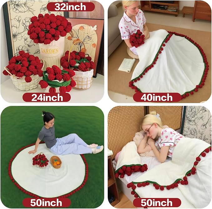 Crochet Flowers Bouquet Blanket, Handmade Rose Blankets, 24Inch Round Floral Soft Romantic Gifts for Kids Birthday, Mother's Day, Valentine's Day, Home Decor, Bed, Sofa