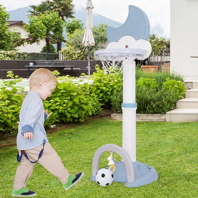 Costzon Kids Basketball Hoop with Electronic Scoreboard Cheer Sound, 4 in 1 Height Adjustable Toddler Basketball Hoop with Soccer, Golf, Ring Toss Game for Indoor Outdoor, Gift(Light Blue Moon)