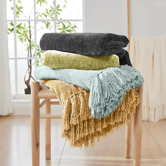 CozeCube Chenille Throw Blanket, Sage Green Fringe Blanket, 50"X60" | For Couch, Cozy Plush Fuzzy Decorative Blanket with Fringe Tassels, Lightweight Throws for Bed Sofa Gift Home Decor