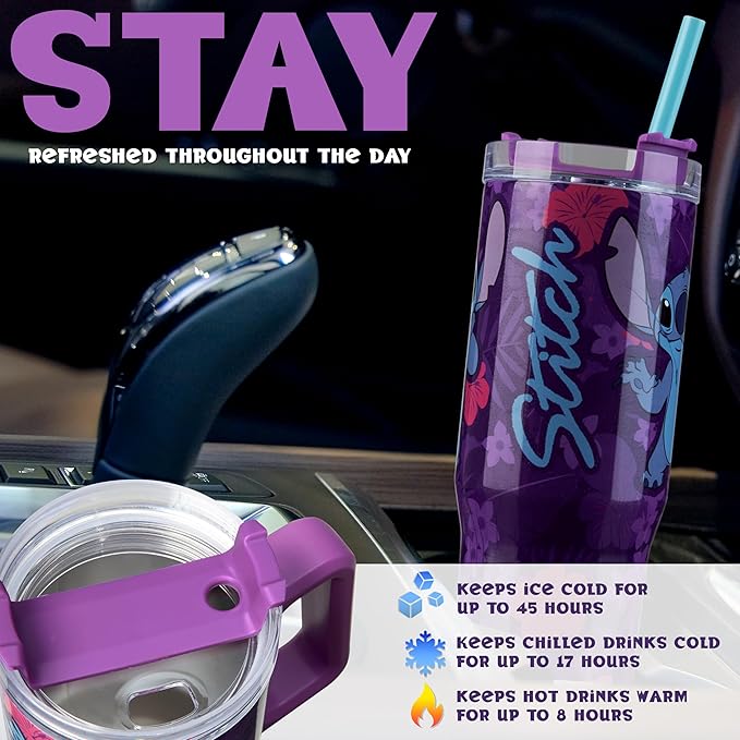 Disney Stitch Insulated Tumbler Travel Mug 33oz Stainless Steel Water Bottle with Handle and Straw Thermal Double Wall Vacuum Insulation Drinks for Hot Cold Ice Cupholder Compatible