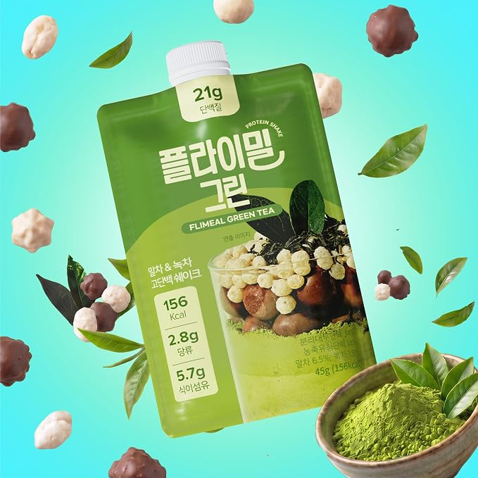 Flimeal GreenTea Matcha Protein Shake, With Crunchy Protein Balls, Protein Smoothie Powder - 21g Protein, Low Sugar, Keto-Friendly Meal Replacement Shake, 1.59oz, 7packs, 7 Servings (7 Packs X 1.59 oz)