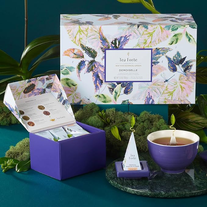 Tea Forte Gift Set with Cafe Cup, Tea Tray, Mini Presentation Box with 10 Handcrafted Pyramid Infuser Tea Bags, Demoiselle Tea