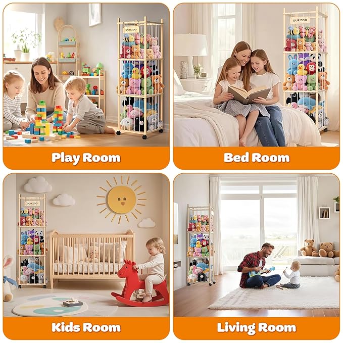 Stuffed Animal Storage: Wood Stuffed Animal Zoo, Stuffed Animal Holder with Mesh Net, Plush Toy Organizer Tube with Brake Wheels, Space Save Stuffed Animal Cage for Kids Room Playroom Nursery Bedroom