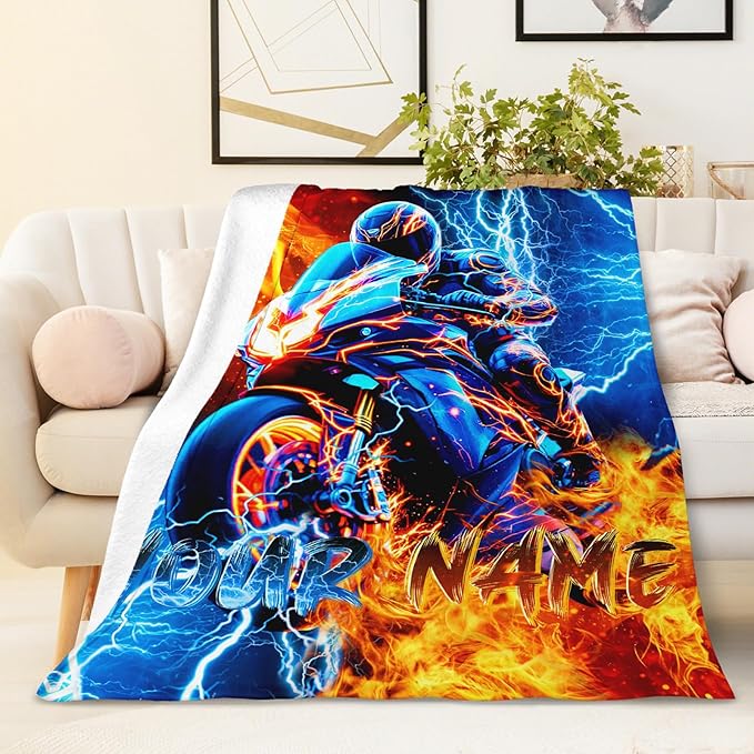 Boys Personalized Blanket Gift Motorcycle Throw Blankets for Kids Teens, 50x60 Inches Soft Cozy Custom Decor Throw for Sofa Chair Couch Bed Office
