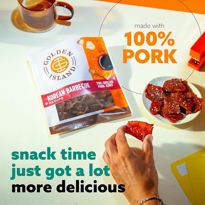 Golden Island Korean BBQ Pork Jerky - (4 Pack) 9 oz Resealable Bag - Fire-Grilled Specialty Meat Snack - Sweet & Savory Protein Snack - 7g Protein per Serving - Made with 100% All-Natural Pork
