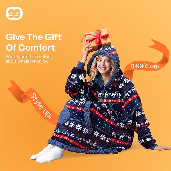 Giggling Getup Wearable Blanket Hoodie for Adults Gifts for Teen Girls Sister Women Sherpa Fleece Printed Hooded Blanket Sweatshirt Warm Cozy with Pocket & Sleeves Blue Christmas Nordic