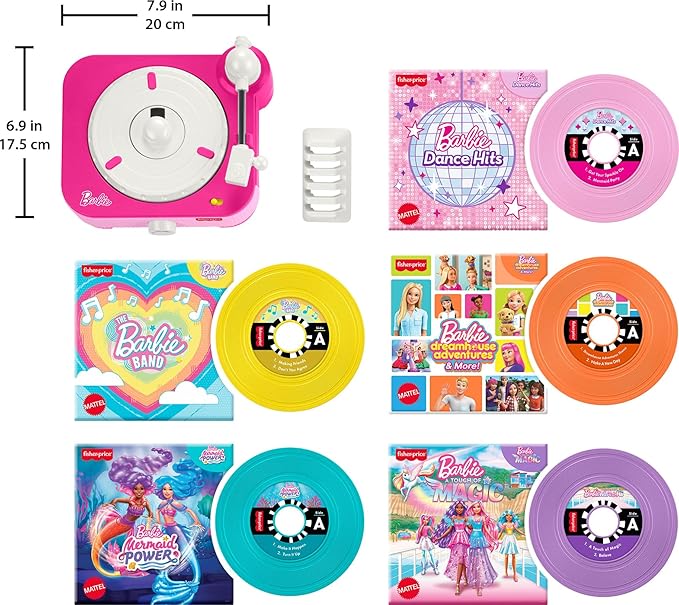 Fisher-Price Musical Toy Barbie Record Player with 5 Records & Display Rack for Preschool Pretend Play Kids Ages 3+ Years